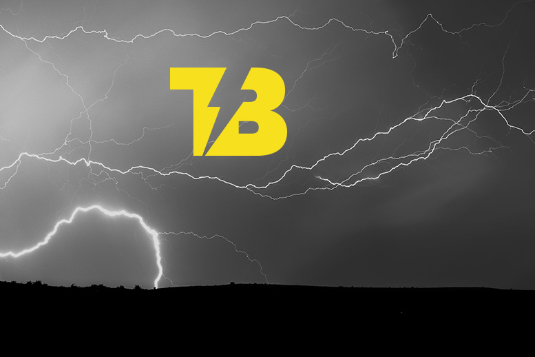 TB logo with lightning storm photograph