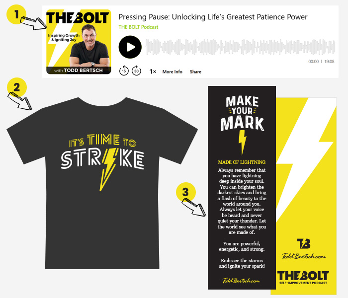 The BOLT newsletter freebies, t-shirt and bookmarks