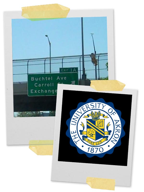 Highway sign of Buchtel Avenue and University of Akron seal