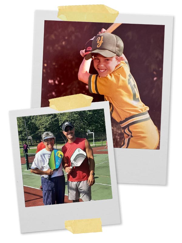 Todd Bertsch as young baseball player and pickleball photo with mother