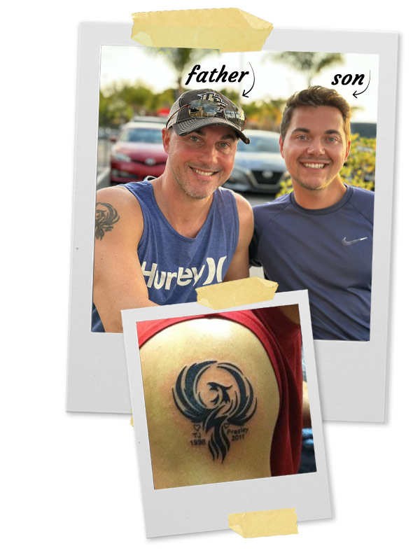 Todd Bertsch with son TJ and photo of tattoo